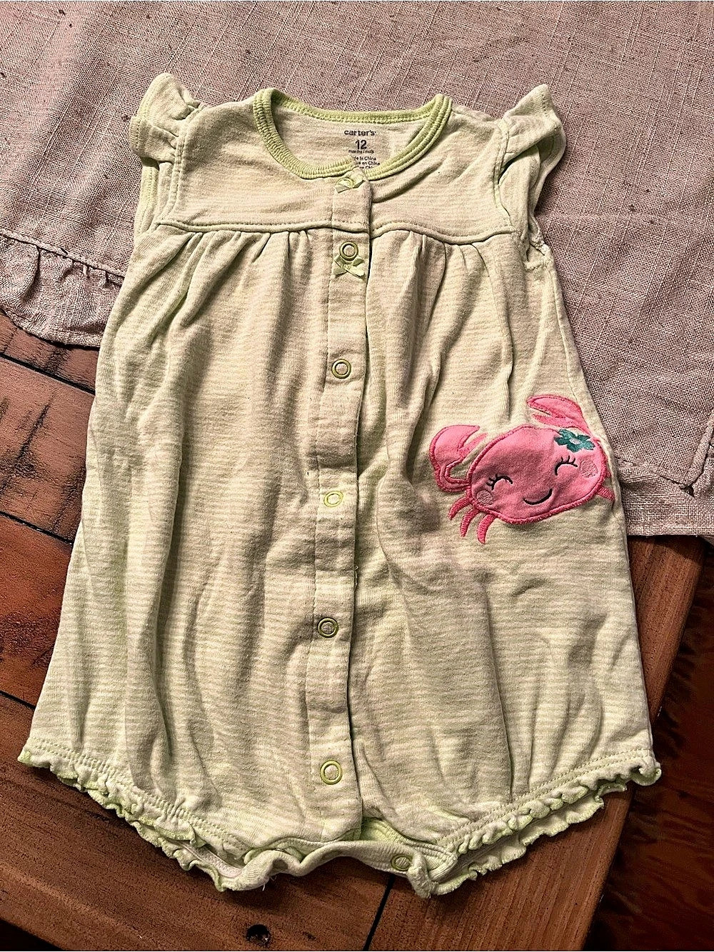 Carter's Striped Crab Bubble Romper Green & Pink Baby 12M